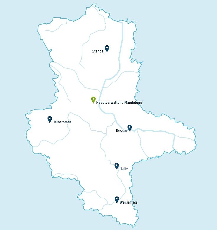 Karte mit den 6 Standorten des Medizinischen Dienstes Sachsen-Anhalt (von Norden nach Süden: Stendal, Hauptverwaltung Magdeburg, Halberstadt, Dessau, Halle (Saale), Weißenfels)::