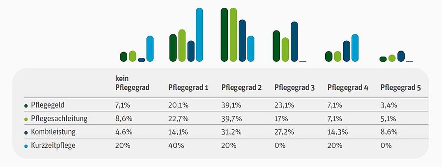 Diagramm: Beantragte Leistungsarten 2024 je Pflegebedarf