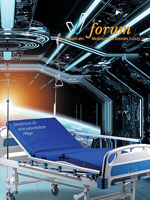 Titelbild der forum-Ausgabe 2023-1: Ein Krankenhausbett in einem Raumschiff mit Blick auf den Weltraum